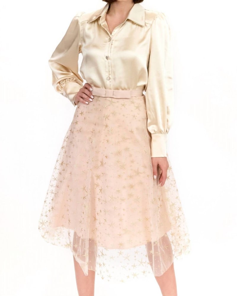 Front of a model wearing a size 12 Metallic Tulle Skirt In Twinkle Star in Twinkle Star by EVA FRANCO. | dia_product_style_image_id:359162